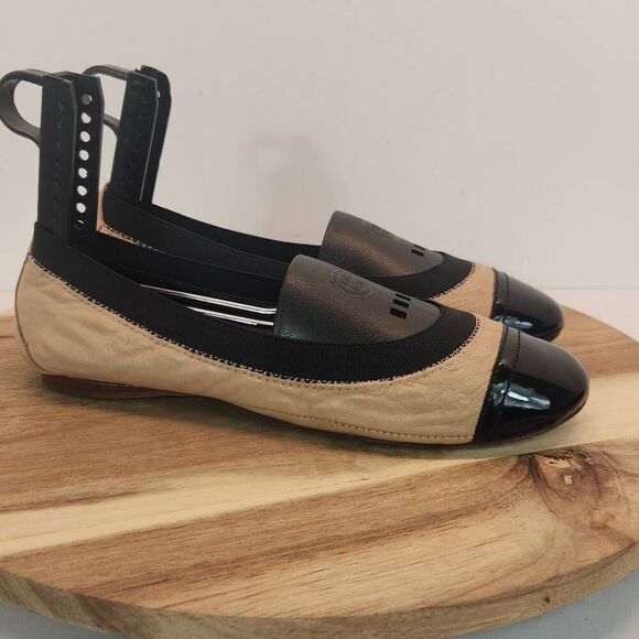 Tory Burch Bridgette Honeywheat Black Leather Quilted Cap Toe Ballet Flats 6 M - Picture 2 of 10